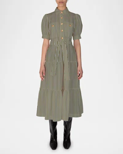 Derek Lam 10 Crosby Buffy Striped Maxi Shirtdress In Hunter Multi