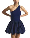Derek Lam 10 Crosby Calla One-shoulder Bubble Hem Mixed Media Dress In Blue