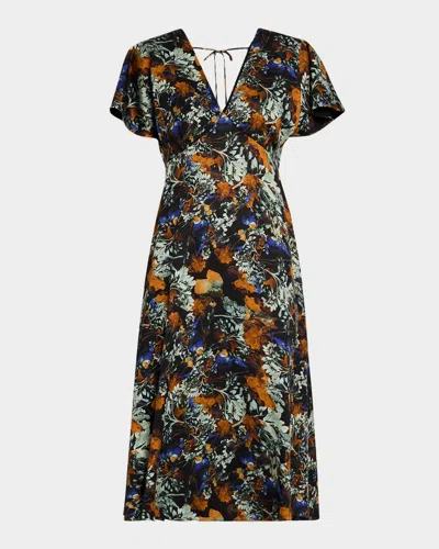 Derek Lam 10 Crosby Cecile Flutter-sleeve Midi Dress In Black/copper Multi
