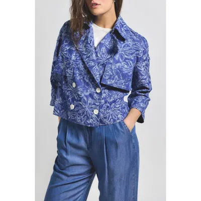 Derek Lam 10 Crosby Elijah Floral Cotton Blend Double Breasted Crop Jacket In Indigo
