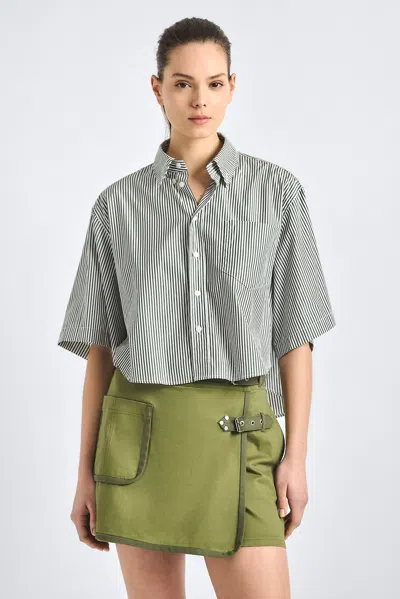 Derek Lam 10 Crosby Ember Oversize Stripe Crop Cotton Button-up Shirt In Gray