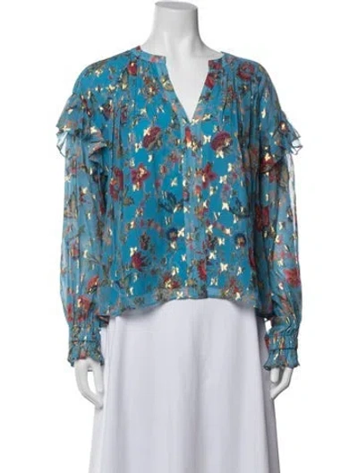Pre-owned Derek Lam 10 Crosby Floral Print V-neck Blouse In Blue