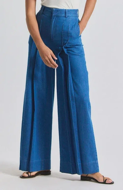 Derek Lam 10 Crosby Katrina Pleat Detail Wide Leg Chambray Cotton Pants In Blue