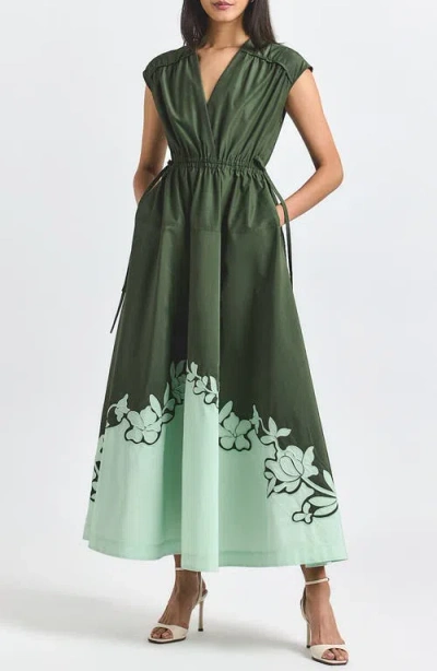 Derek Lam 10 Crosby Nara Placed Floral Appliqué Poplin Dress In Green