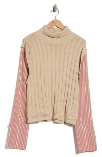 Derek Lam 10 Crosby Paola Mixed Media Cotton & Wool Sweater In Oatmeal/ Rosewood
