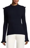 Derek Lam 10 Crosby Ribbed Ruffle Trim Wool Blend Sweater In Black In Black