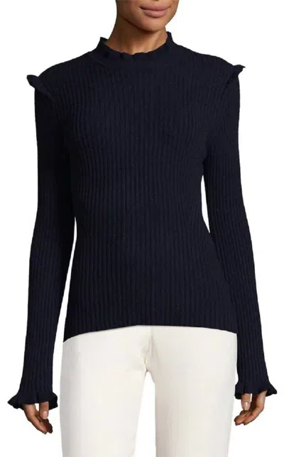 Derek Lam 10 Crosby Ribbed Ruffle Trim Wool Blend Sweater In Black