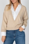 Derek Lam 10 Crosby Rida Long-sleeve Deep-v Mixed-media Sweater In Safari/white