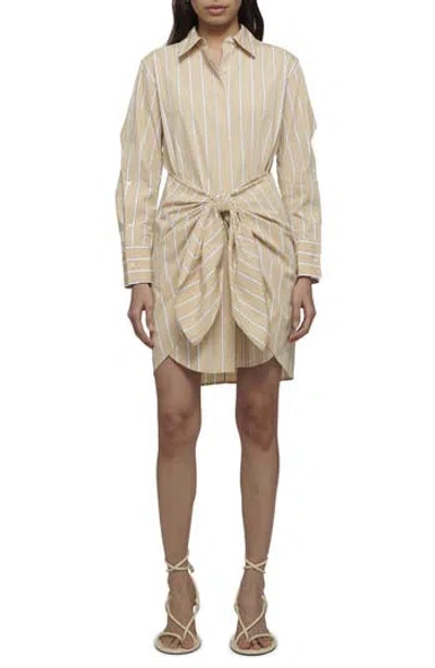 Derek Lam 10 Crosby Stripe Long Sleeve Tie Waist Shirtdress In Khaki Multi
