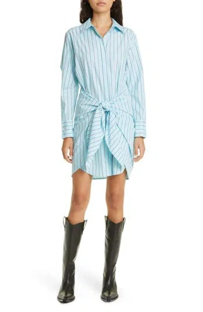 Derek Lam 10 Crosby Stripe Tie Waist Long Sleeve Cotton Shirtdress In Robins Egg Blue