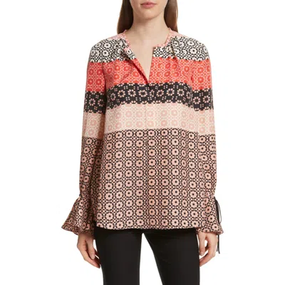 Derek Lam 10 Crosby Tie Sleeve Print Silk Blouse In Carnation