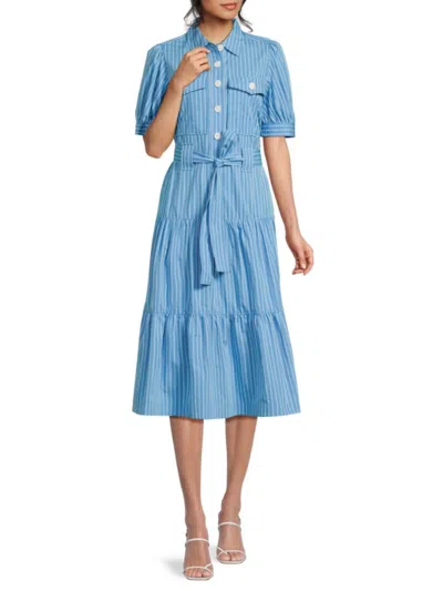 Derek Lam 10 Crosby Women's Buffy Cotton Belted Striped Utility Midi-dress In Azure White