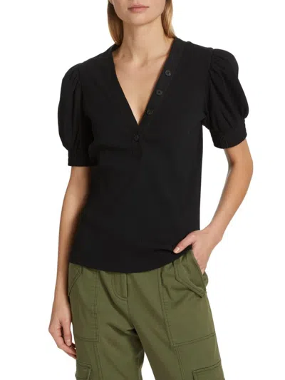 Derek Lam 10 Crosby Women's Heather Puff-sleeve Rib-knit Top In Black