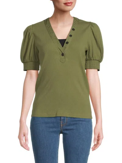 Derek Lam 10 Crosby Women's Heather Puff-sleeve Rib-knit Top In Olive