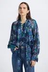 Derek Lam Aderyn Tapestry Print Tie Neck Blouse-navy/jade/ecru In Multi