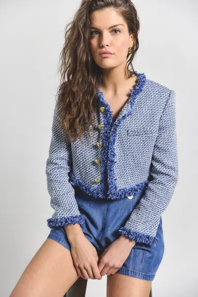 Derek Lam Asuka Cropped Fringe Jacket In Blue