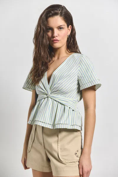 Derek Lam Caspien Front Knot Short Sleeve Top In Green