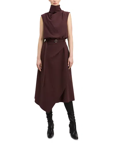 Derek Lam Debbie Cotton Stretch Funnel Neck Belted Dress In Brown