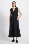 Derek Lam Eros Leather Trim Poly Cotton Poplin Dress In Black