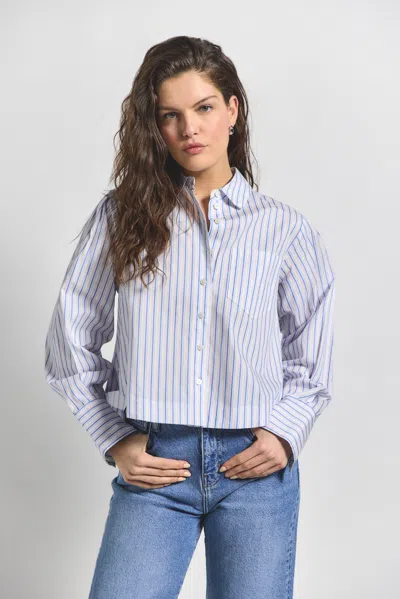 Derek Lam Estrella Striped Cropped Button Up In Blue