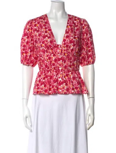 Pre-owned Derek Lam Floral Print V-neck Button-up Top In Pink/red