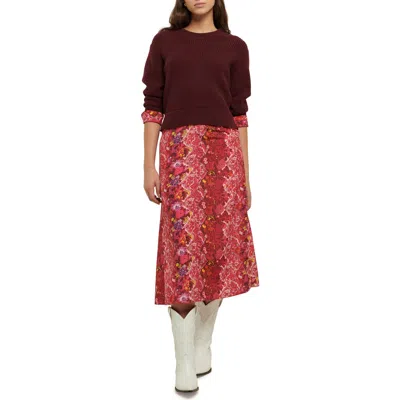 Derek Lam Gabriella Mixed Media Long Sleeve Midi Dress In Burgundy/pink Multi
