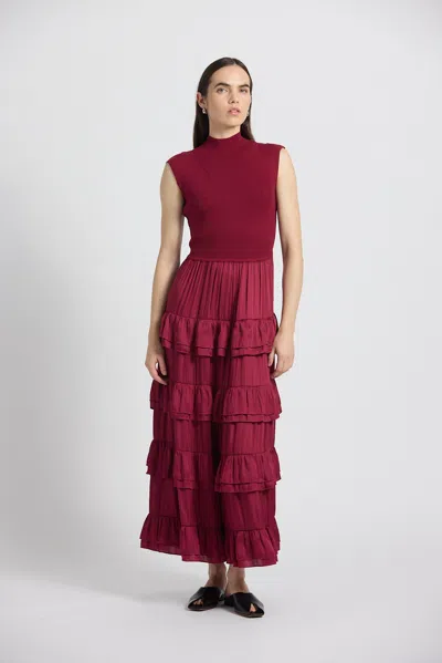 Derek Lam Klea Mixed Media Multi Tiered Dress In Burgundy