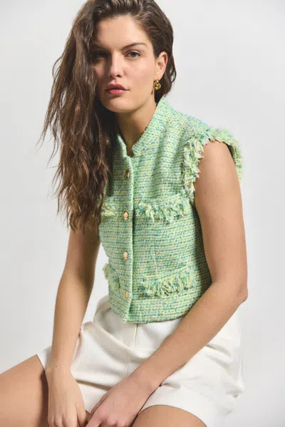 Derek Lam Loa Tweed Sleeveless Jacket In Green