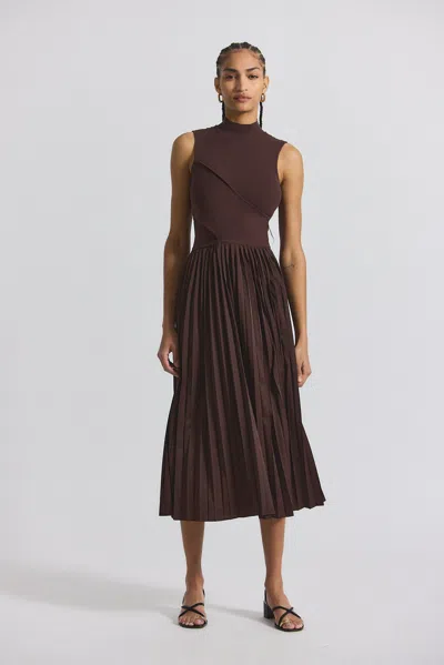 Derek Lam Maizie Mock Neck Sleeve Pleated Sweater Dress In Brown