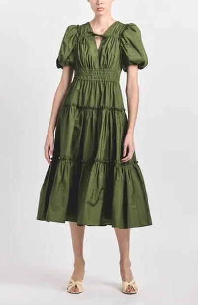 Derek Lam Phillipa Puff Sleeve Tiered Midi Dress In Green