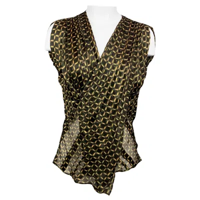 Pre-owned Derek Lam Size 0 Black & Gold Windowpane Silk Draped V-neck Blouse