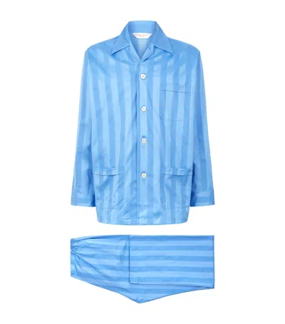 Derek Rose Lingfield Cotton Stripe Pyjama Set In Blue