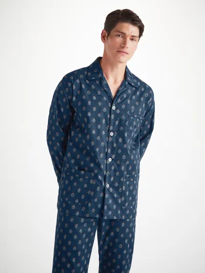 Derek Rose Men's Classic Fit Pyjamas Cotton Batiste Navy Badge Print
