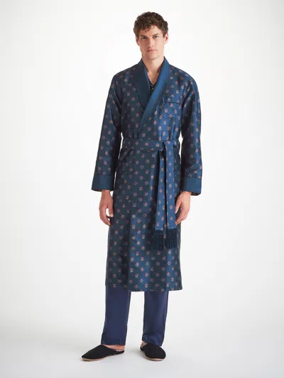 Derek Rose Men's Dressing Gown Silk Jacquard Navy Badge Pattern