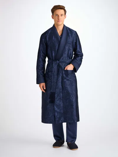 Derek Rose Men's Dressing Gown Silk Jacquard Navy Jungle Paisley Pattern
