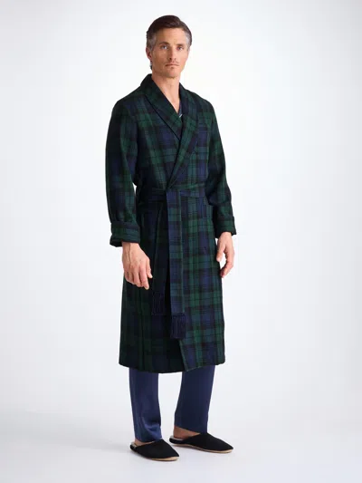 Derek Rose Men's Dressing Gown Tartan Black Watch Wool Navy