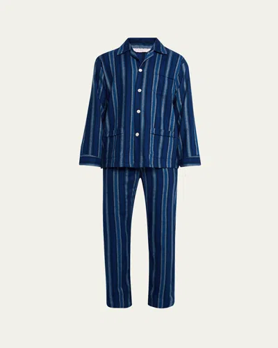 Derek Rose Men's Kleburn Stripe Flannel Long Pajama Set In Blue