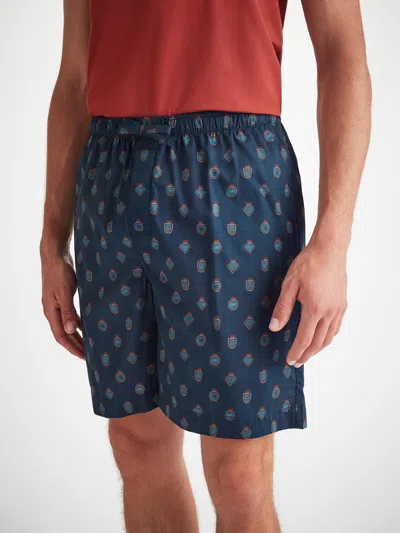 Derek Rose Men's Lounge Shorts Cotton Batiste Navy Badge Print