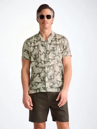 Derek Rose Men's Short Sleeve Shirt Milan 26 Linen Khaki