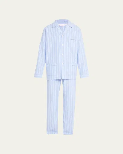 Derek Rose Men's Stripe Flannel 2-piece Long Pajama Set In Light Blue