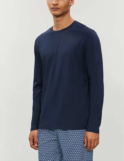 Derek Rose Basel Long-sleeved Stretch-cotton Top In Navy