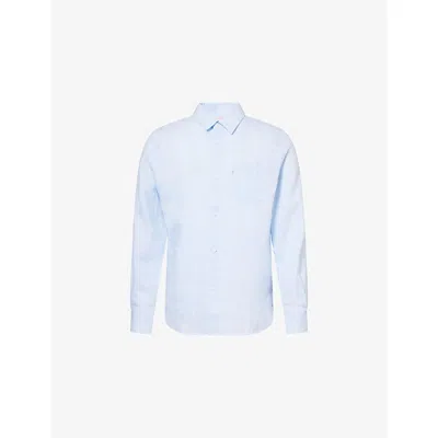 Derek Rose Mens Blue Monaco Long-sleeve Linen Shirt