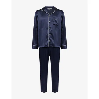 Derek Rose Mens Navy Bailey Piped Silk Pyjamas In Blue