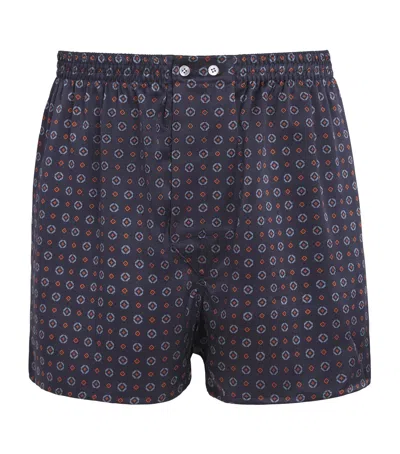 Derek Rose Silk Geo Print Traditional Boxers In Blue