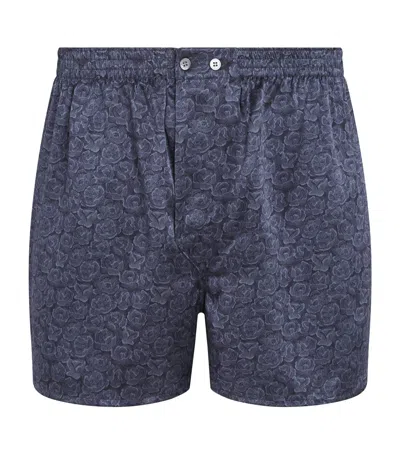 Derek Rose Silk Rose Print Traditional Boxers In Blue