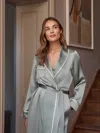 Derek Rose Women's Long Dressing Gown Bailey Silk Satin Green In Green
