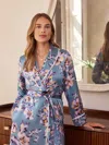 Derek Rose Women's Long Dressing Gown Silk Satin Blue Wildflower Pattern In Blue