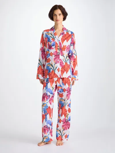 Derek Rose Women's Pyjamas Cotton Batiste White Jungle Birds Print