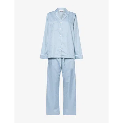 Derek Rose Womens Blue Kate Long-sleeve Cotton-jacquard Pyjama Set