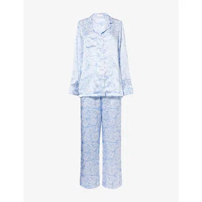 Derek Rose Womens Blue Rose-print Silk Pyjamas